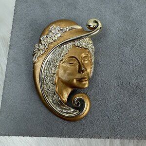 Torino Vintage Figural Women Face Gold & Silver Tone Brooch Pin